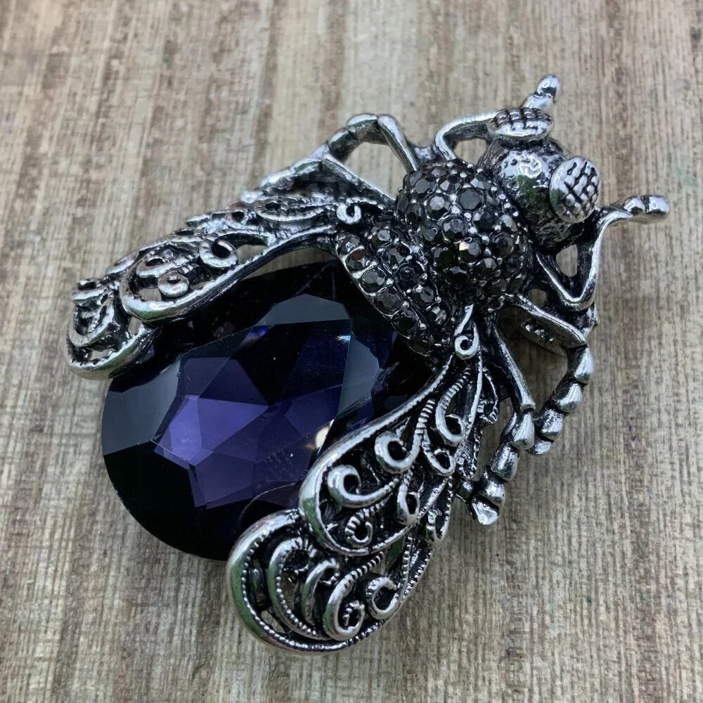 Cicada Beetle Rhinestone Victorian Style Purple Stone Brooch Pendant